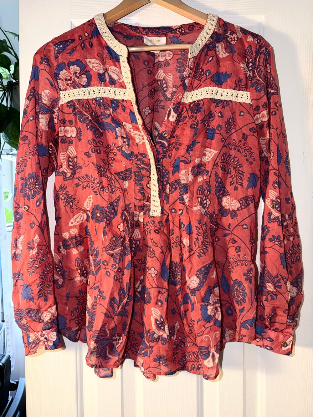 Maeve by Anthropologie Floral Split-Neck Peasant Top Rusty Red-6